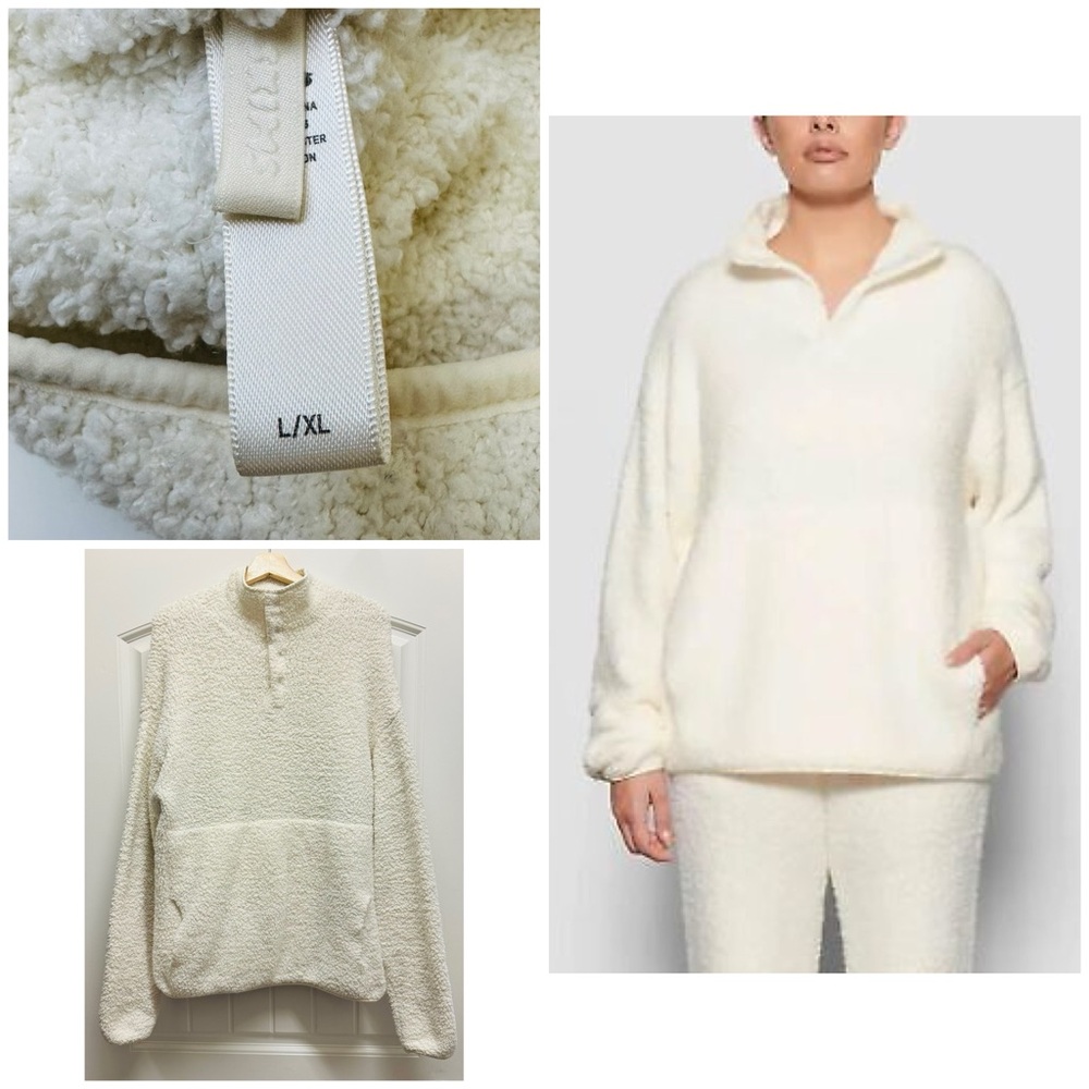 SKIMS Cozy Knit Snap Collar Front Kangaroo Pocket Oversized Pullover Bone Cream